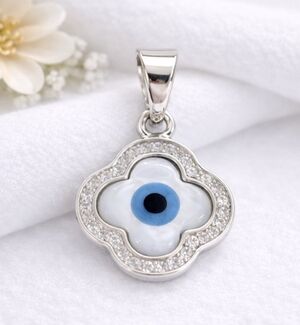 925 Sterling Silver Evil Eye Necklace Mother Pearl CZ Rhodium Protection Charm